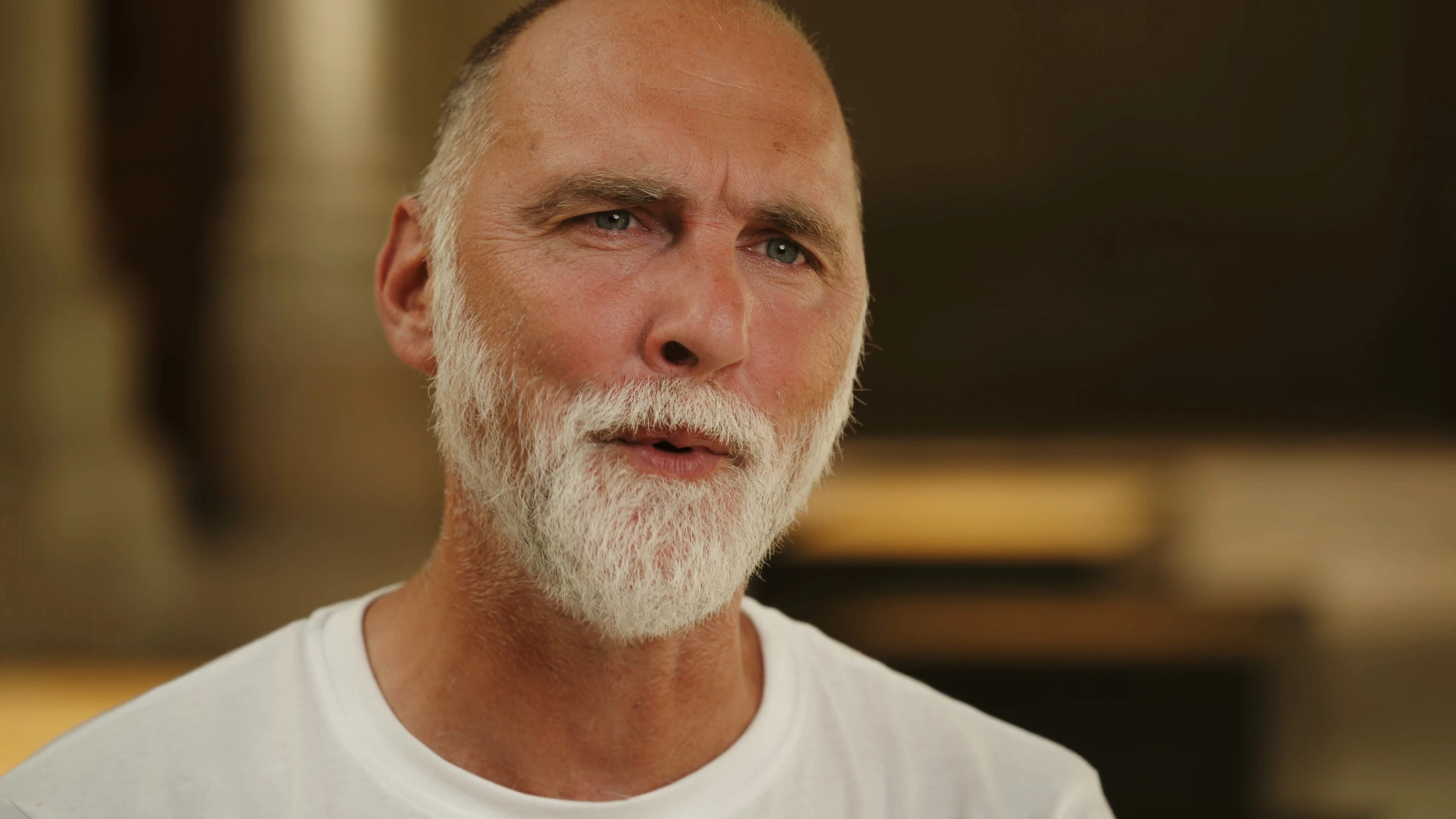 Interview portrait of a white-bearded man in the exhibition