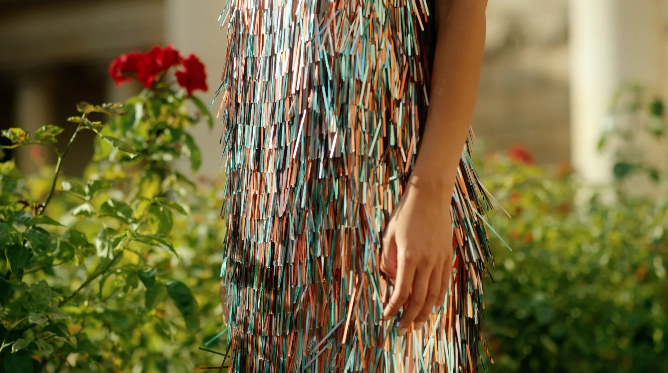 Iridescent dress in the garden
