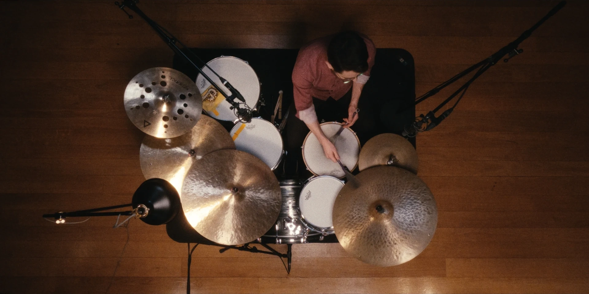 Drum kit and brushes seen from above