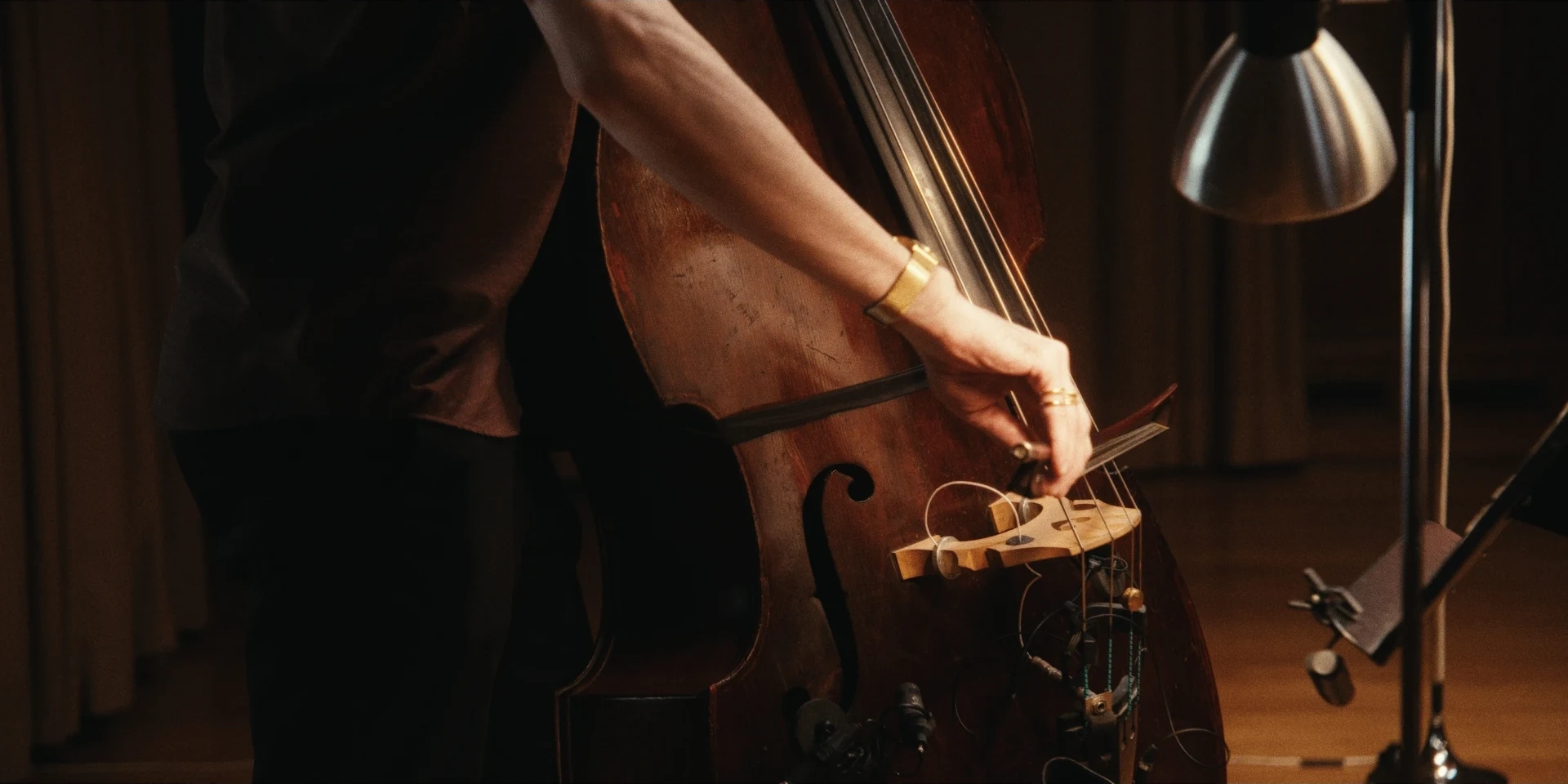Bow moving across the double bass strings