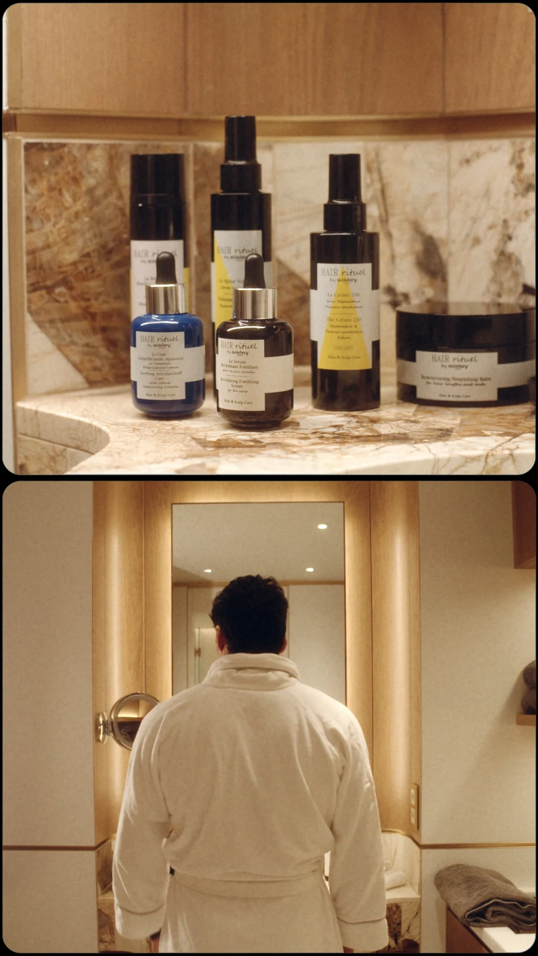 Hair care products and a man in a bathrobe