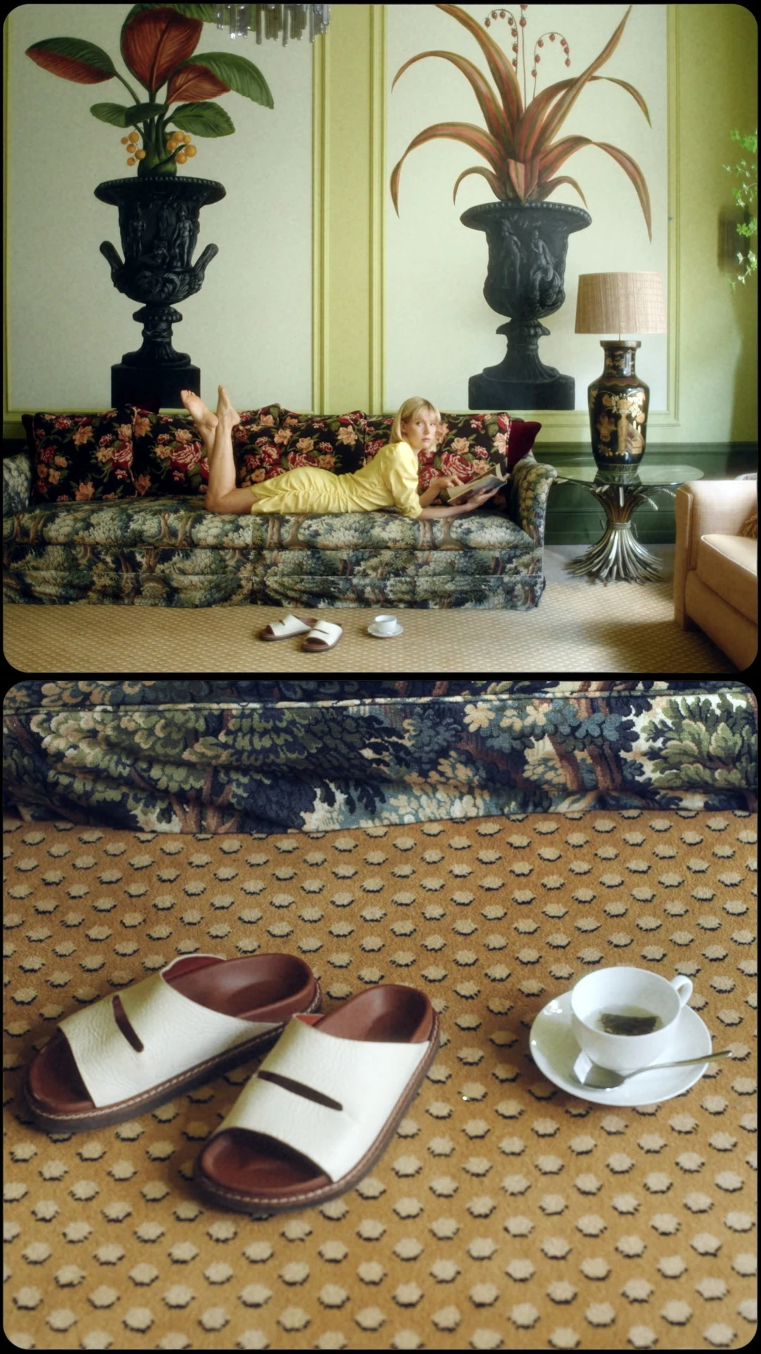 Reading on a floral sofa and slippers